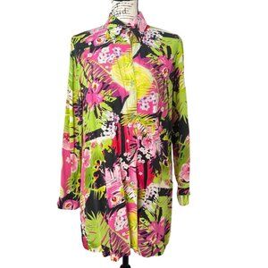 Diane Gilman Womens Silk Top Button-Up Long Sleeve Tunic Tropical Floral Size M